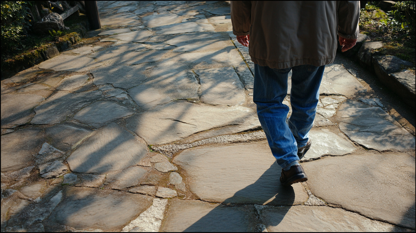 Personne âgée marchant de façon autonome sur un sol irrégulier, sollicitant équilibre et appuis.